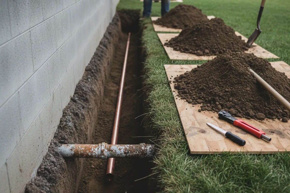 Excavated water line trench during Sewer Line Repair in Stambaugh